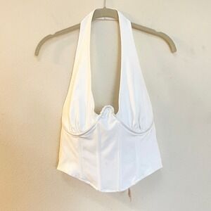 plunge cleavage Y2K Forever 21 Womens White Woven Halter Bustier Corset Top M